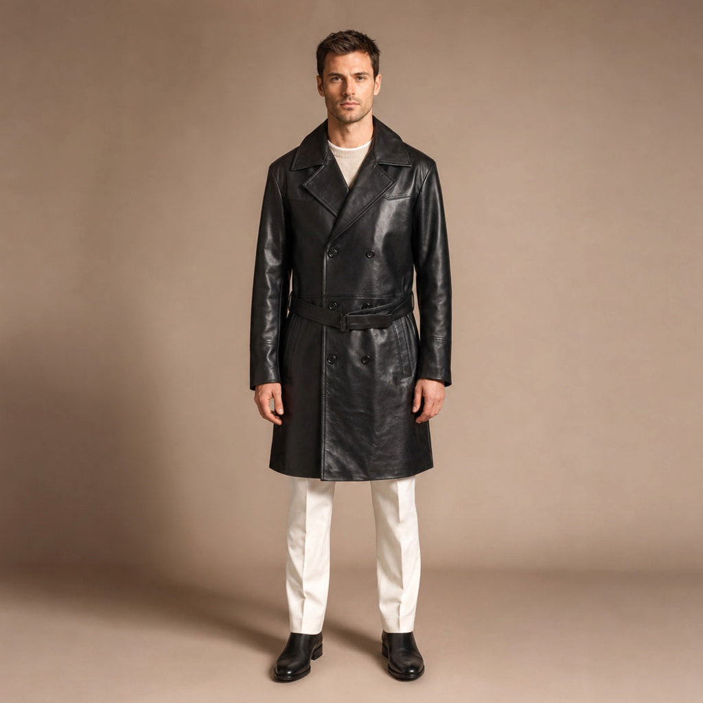 Schwarzer Ledertrenchcoat einreihig mit Gürtel