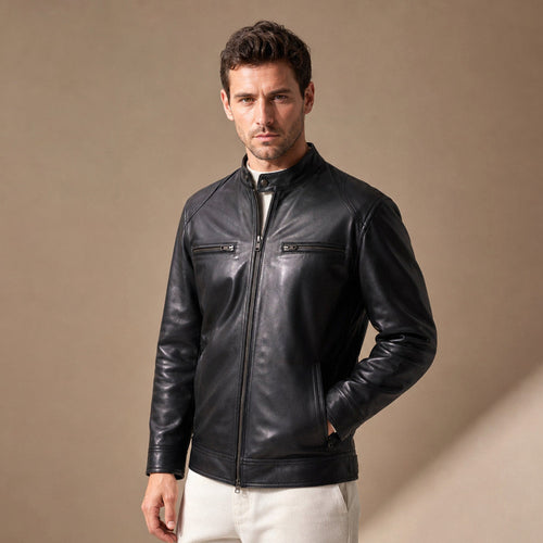 Schwarze Cafe-Racer-Lederjacke aus Schafsleder mit Stehkragen