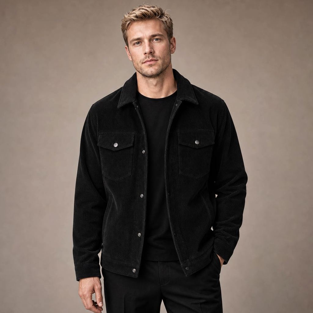 Cord-Blazer Ankro in Schwarz, Loose Fit mit Kerb-Revers, Frontansicht auf neutralem Hintergrund