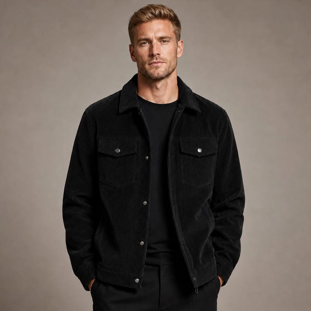 Mann trägt Cord-Blazer Ankro in Schwarz über dunklem Shirt, Loose Fit Silhouette
