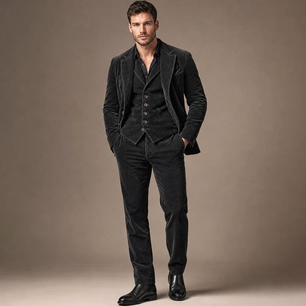 Schwarzes Cord-Blazer-Westen-Set aus Woll-Mischgewebe mit feinem Rippgewebe, Frontansicht auf neutralem Hintergrund
