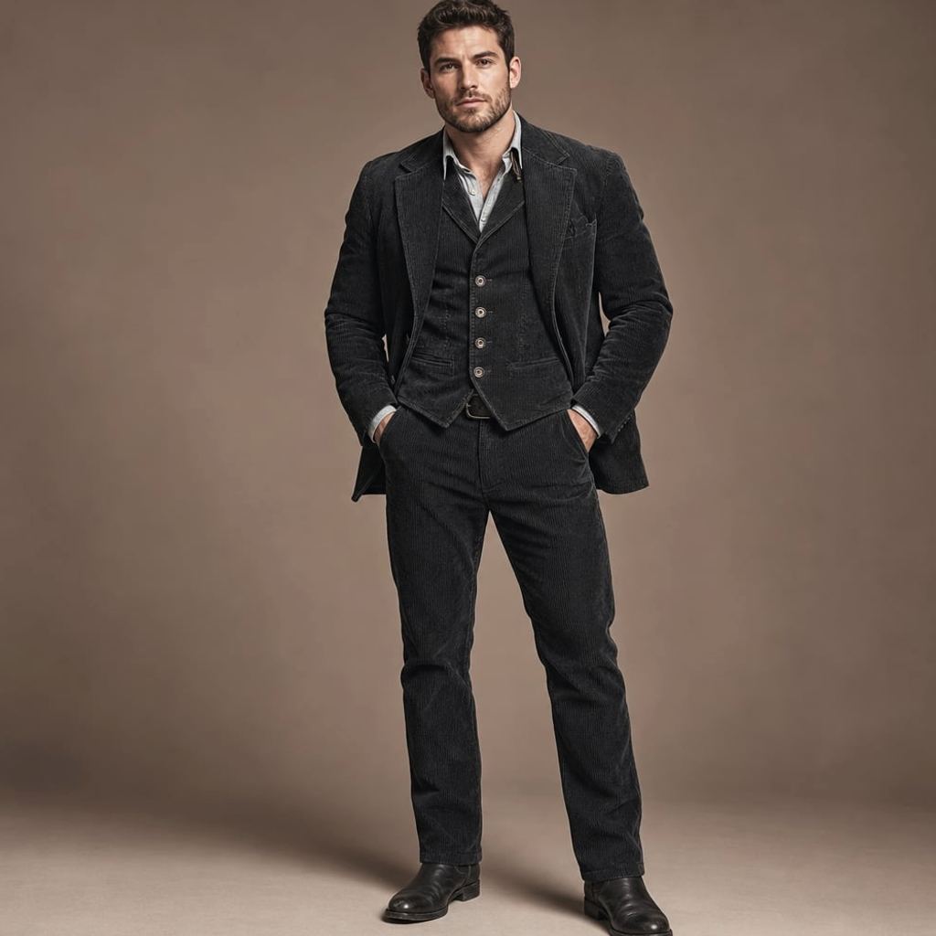 Mann trägt schwarzes Cord-Blazer-Gilet-Set Alven von Enzaco, strukturierter Schnitt, Herbst-Styling