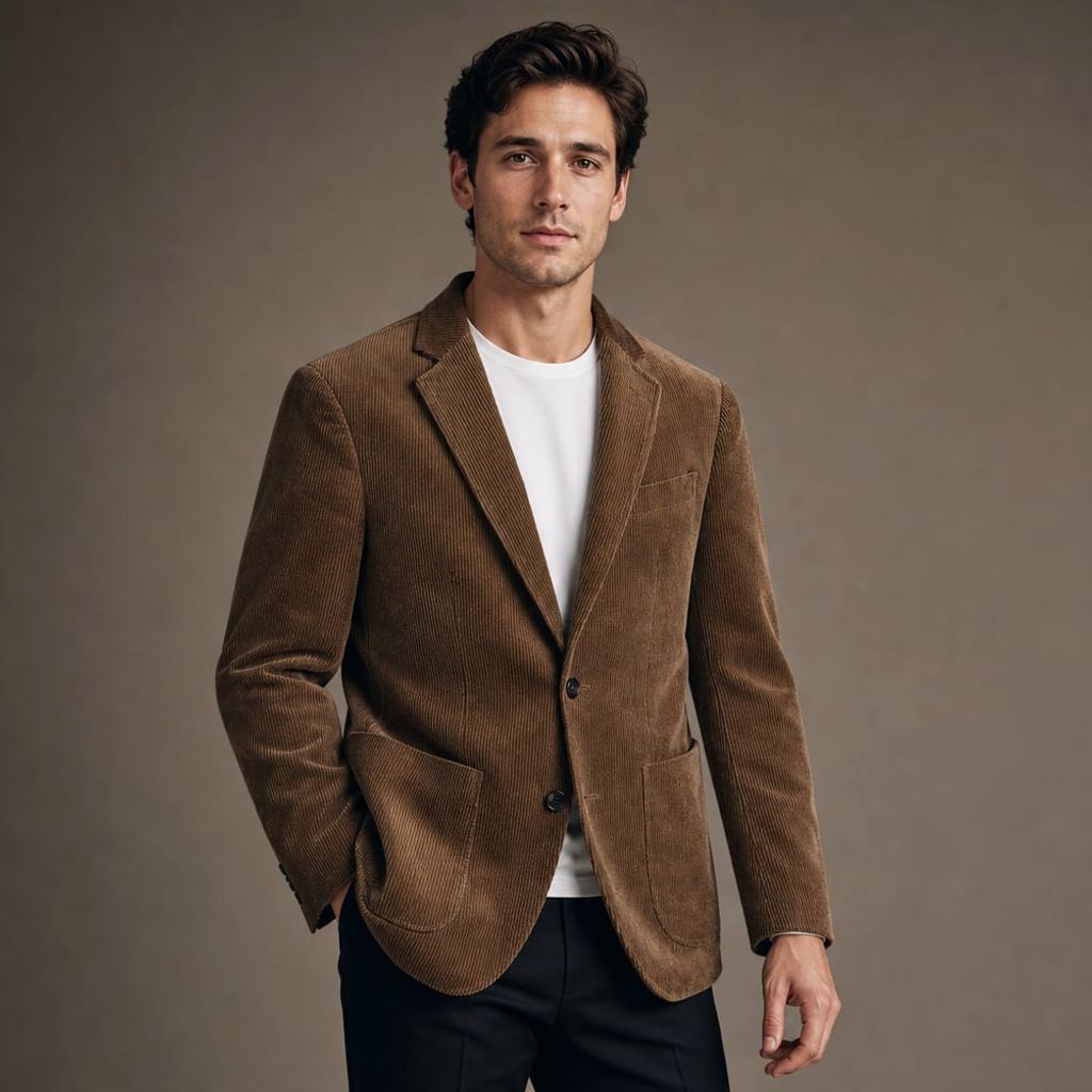 Mann trägt braunen Cord-Blazer Amron mit Zwei-Knopf-Front und aufgesetzten Taschen