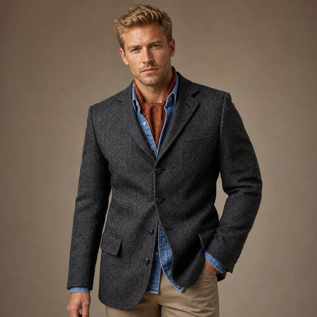 Einreihiger Fischgrat-Tweed-Blazer in Dunkelgrau mit Kerbaufschlag — Frontansicht