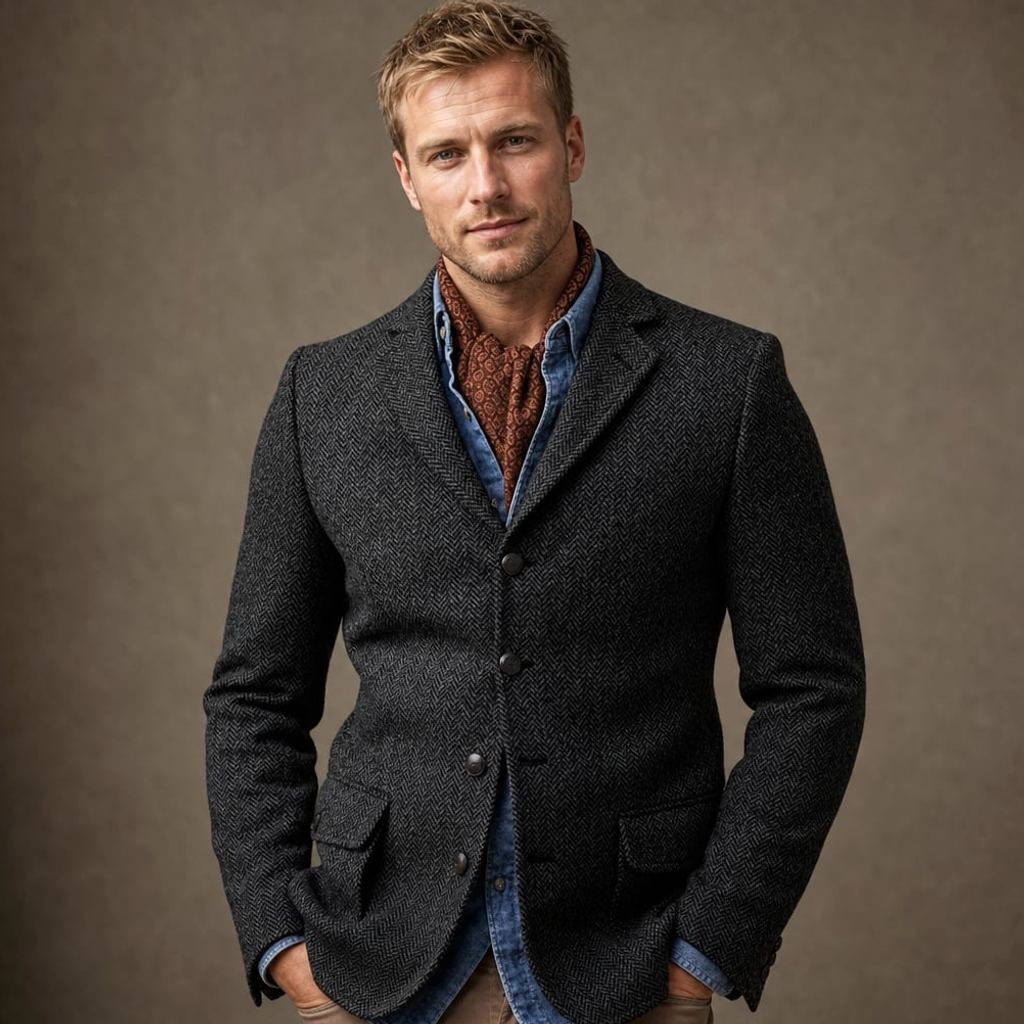 Mann trägt dunkelgrauen Fischgrat-Tweed-Blazer mit Kerbaufschlag, einreihig geknöpft