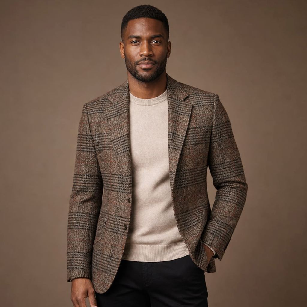 Enzaco Antox Blazer in Braun mit Hahnentritt-Muster und Fitted-Schnitt, strukturierte Schulterpartie, Frontalansicht