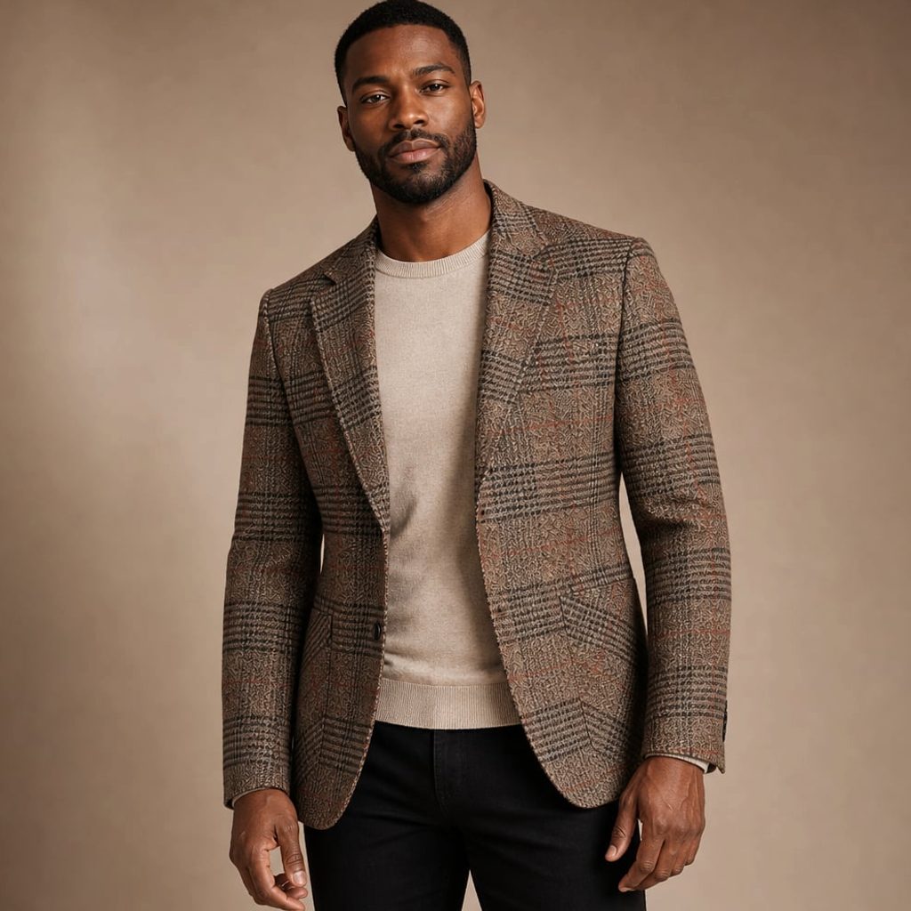 Mann trägt den Enzaco Antox Blazer Braun Hahnentritt zu dunkler Hose, Business-Casual-Look