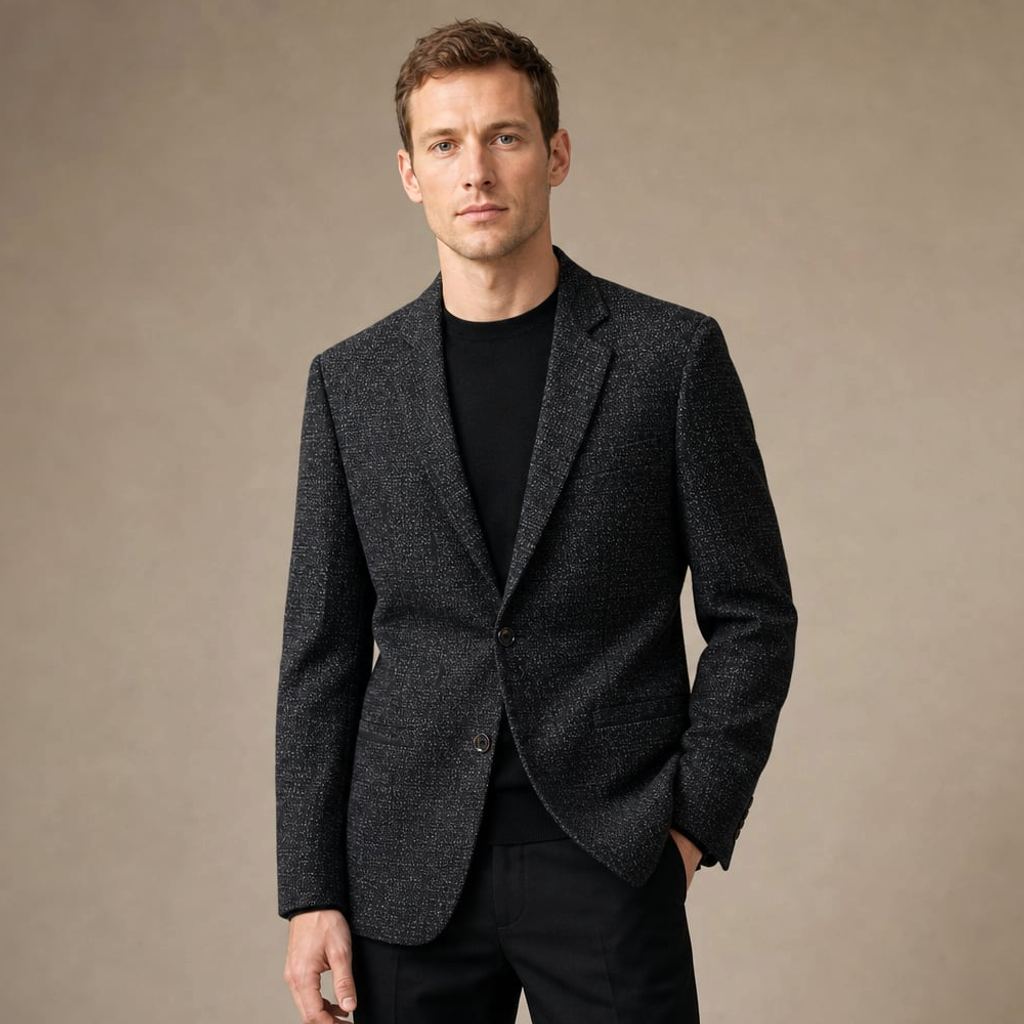 Strukturierter Tweed-Blazer in Schwarz mit Zweiknopp-Verschluss — Frontansicht