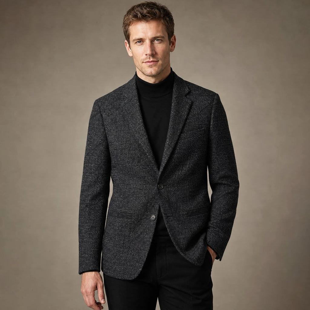Mann trägt schwarzen Tweed-Blazer Anvor mit weißem Hemd und dunkler Hose