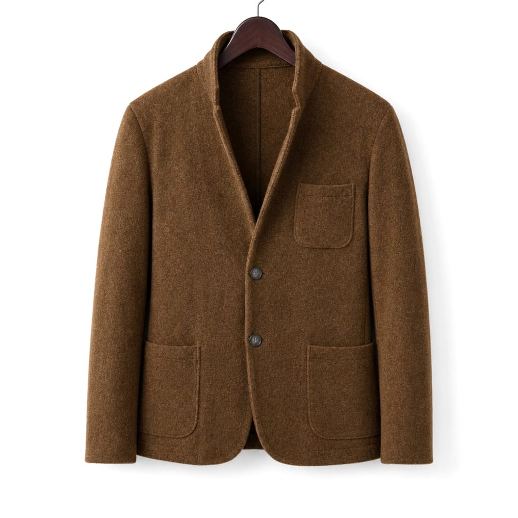 Mann trägt Alvex-Blazer in Braun mit Stehkragen, Tailored Fit