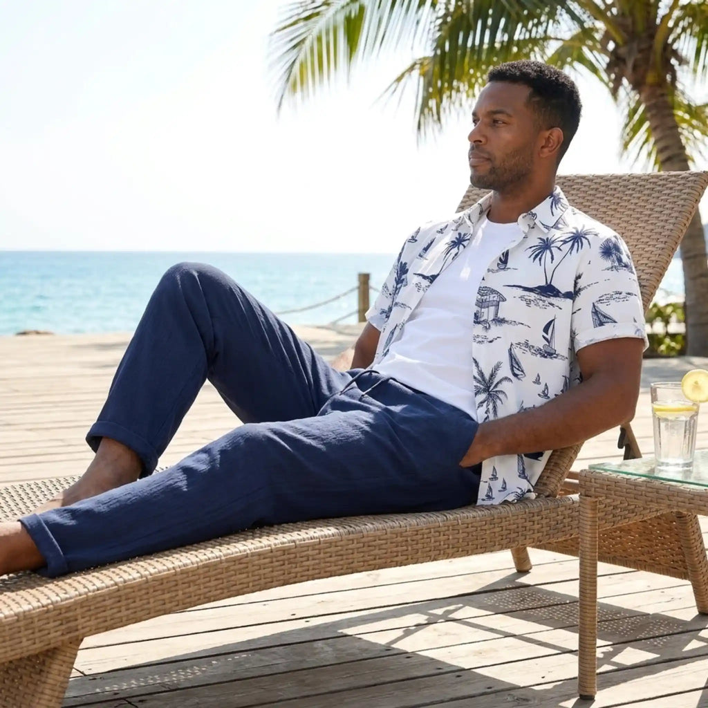Freizeithemd & Hose Set Insel-Print Leichtes Polyester – Maxo