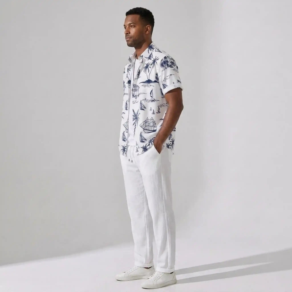 Freizeithemd & Hose Set Insel-Print Leichtes Polyester – Maxo