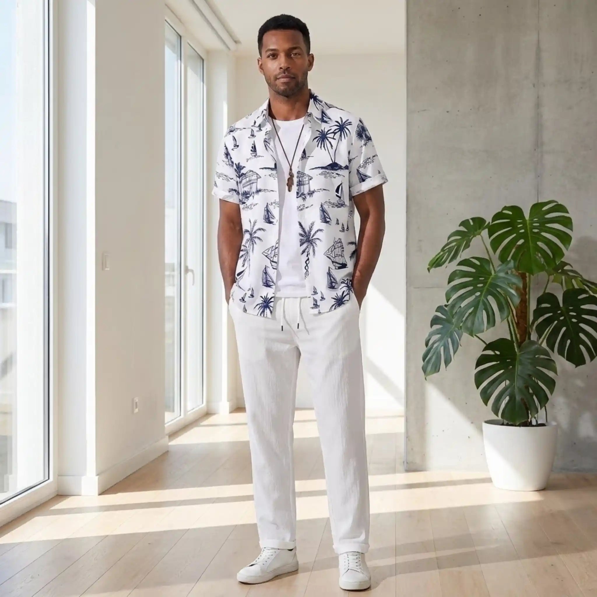 Freizeithemd & Hose Set Insel-Print Leichtes Polyester – Maxo