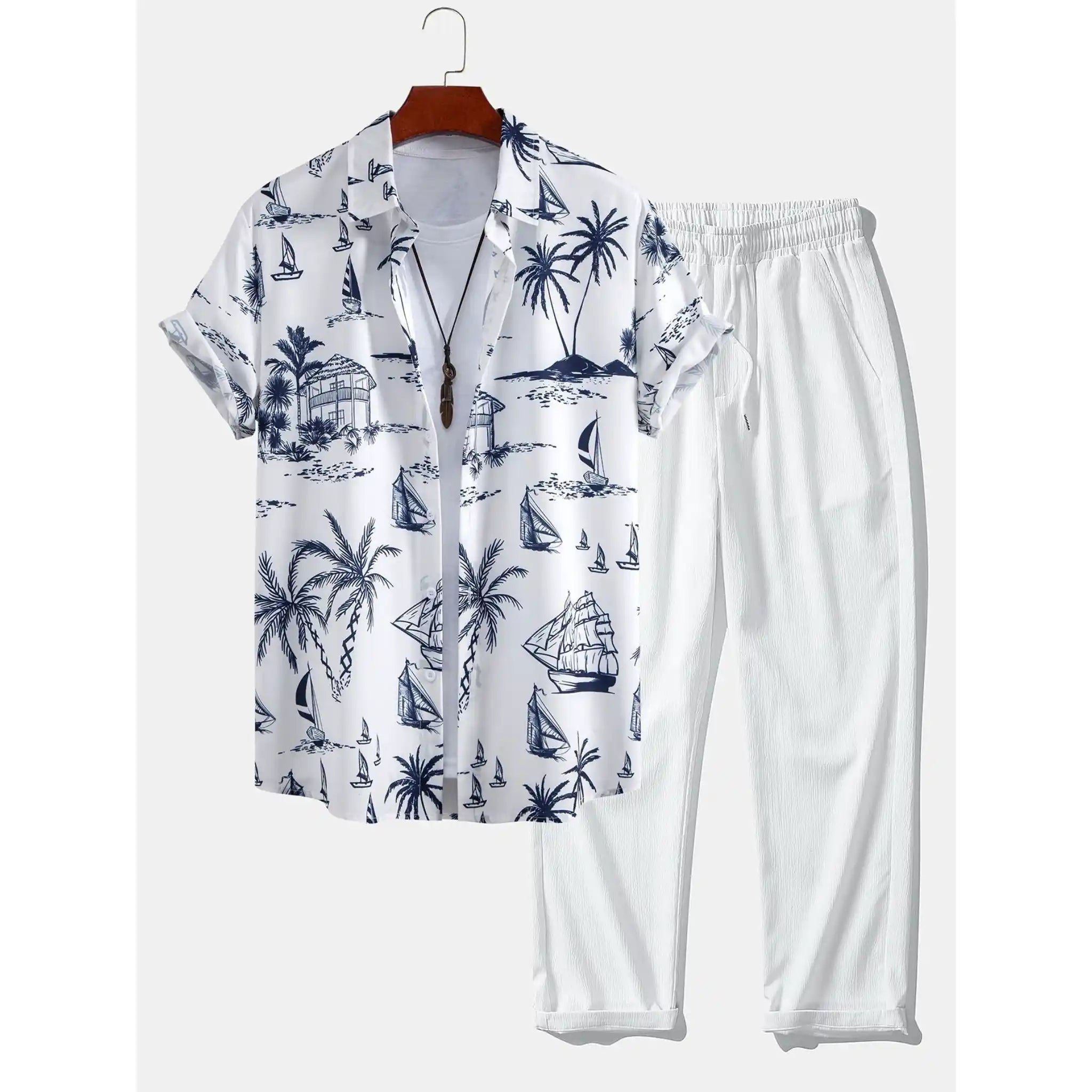 Freizeithemd & Hose Set Insel-Print Leichtes Polyester – Maxo