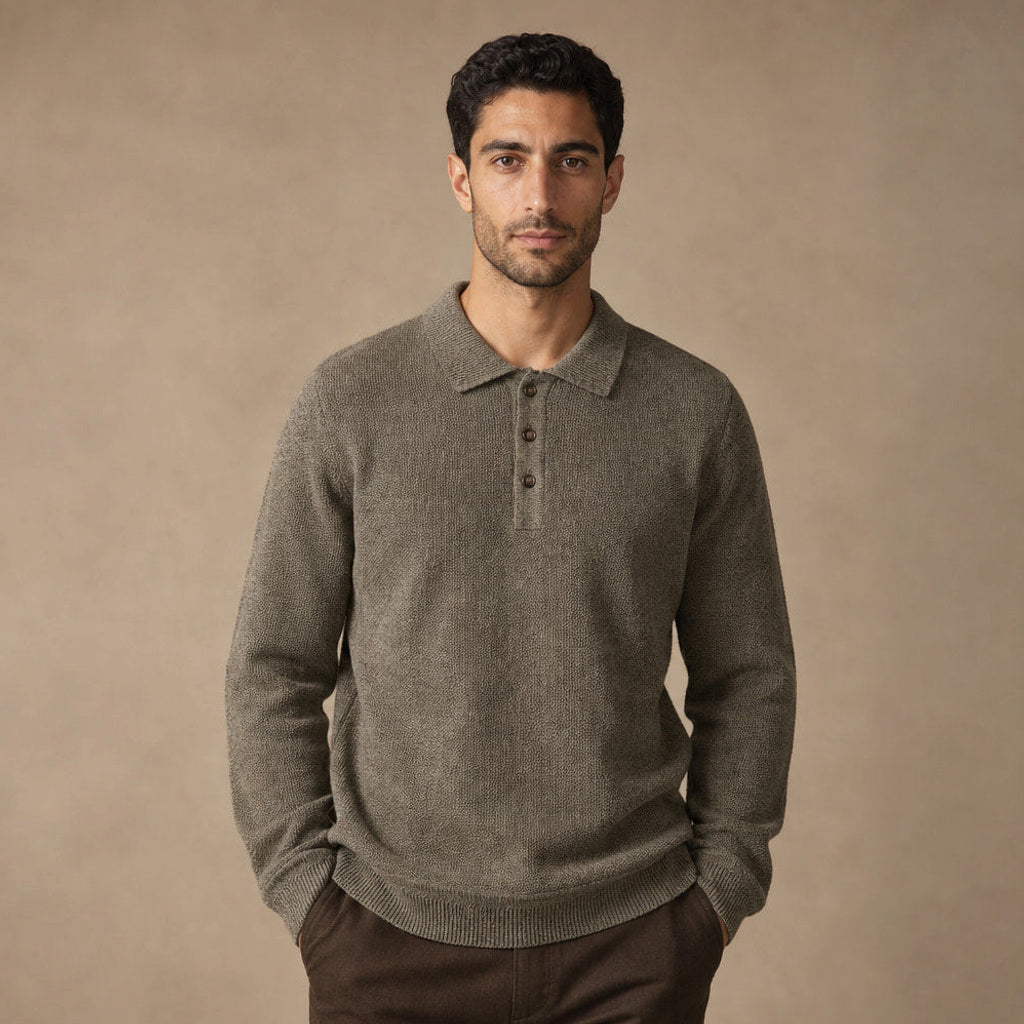 Langärmeliges Strickpoloshirt in Olive mit Dreiknopfleiste