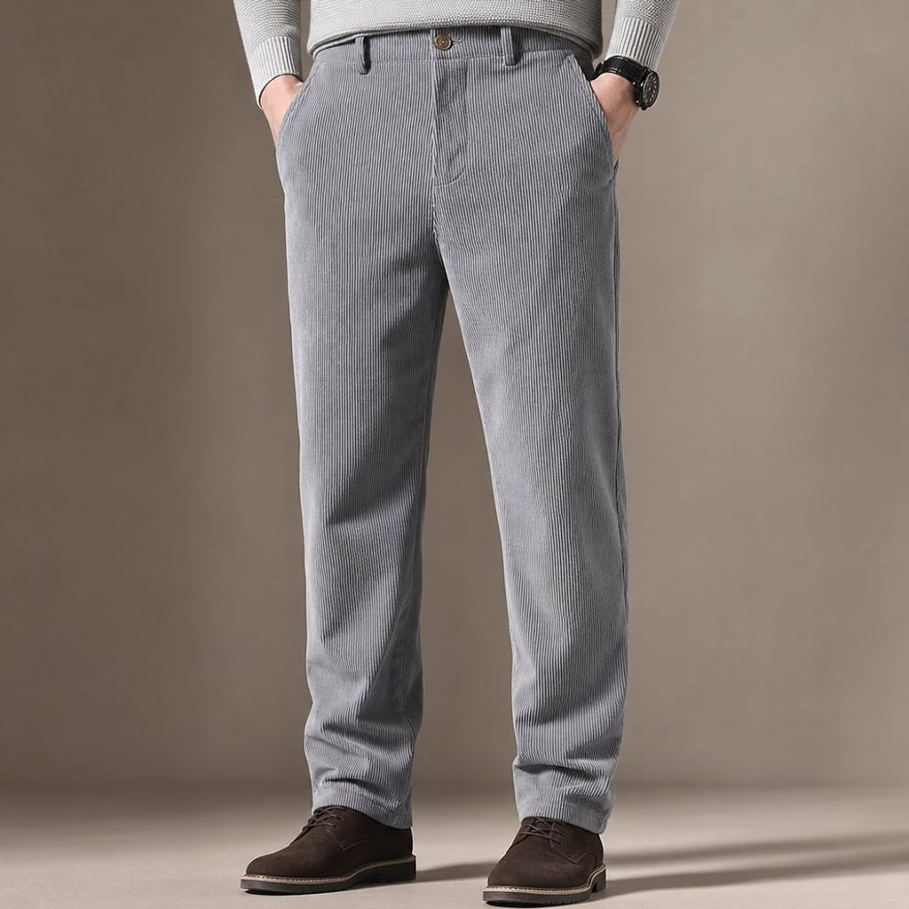 Mann trägt graue Cord-Chinohose mit Tapered Fit — Enzaco Alpen