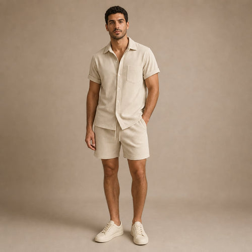 Cord-Ripp-Set Ronval in Beige — Kurzarmhemd mit Knopfleiste und passende Shorts aus strukturiertem Rippengewebe