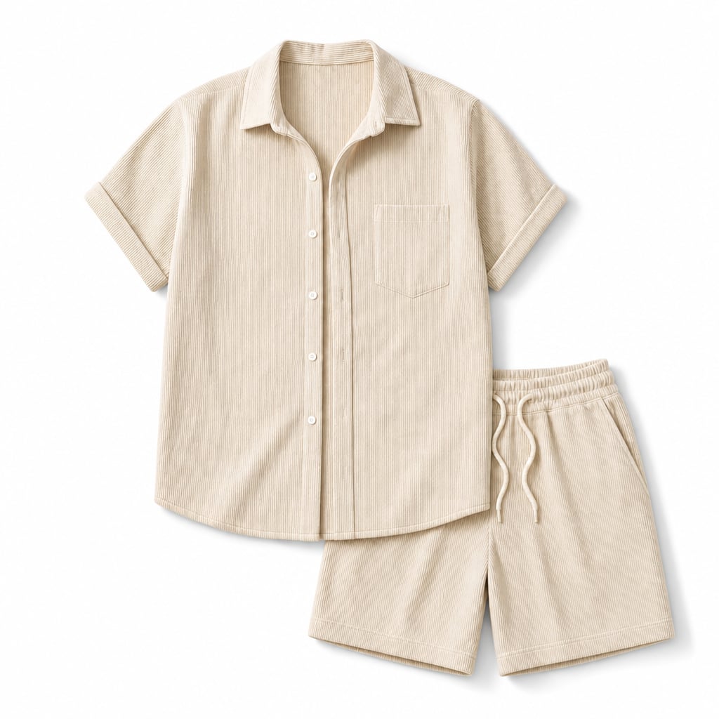 Mann trägt beiges Cord-Ripp-Set Ronval mit Spreizkragen und Kordelzug-Shorts, lässig kombiniert für den Sommer