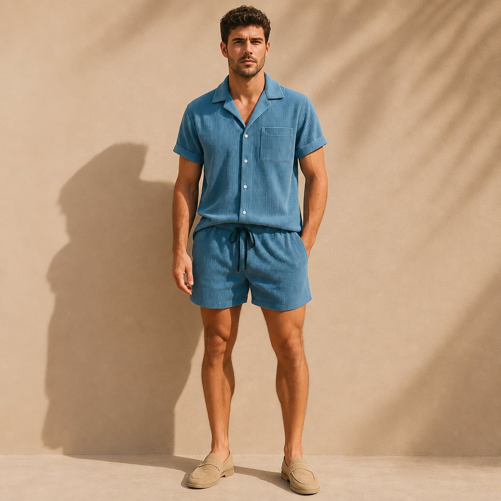Zweiteiliges Feinwale-Cord-Set in Blau mit Camp-Collar-Shirt und passenden Shorts, Frontansicht