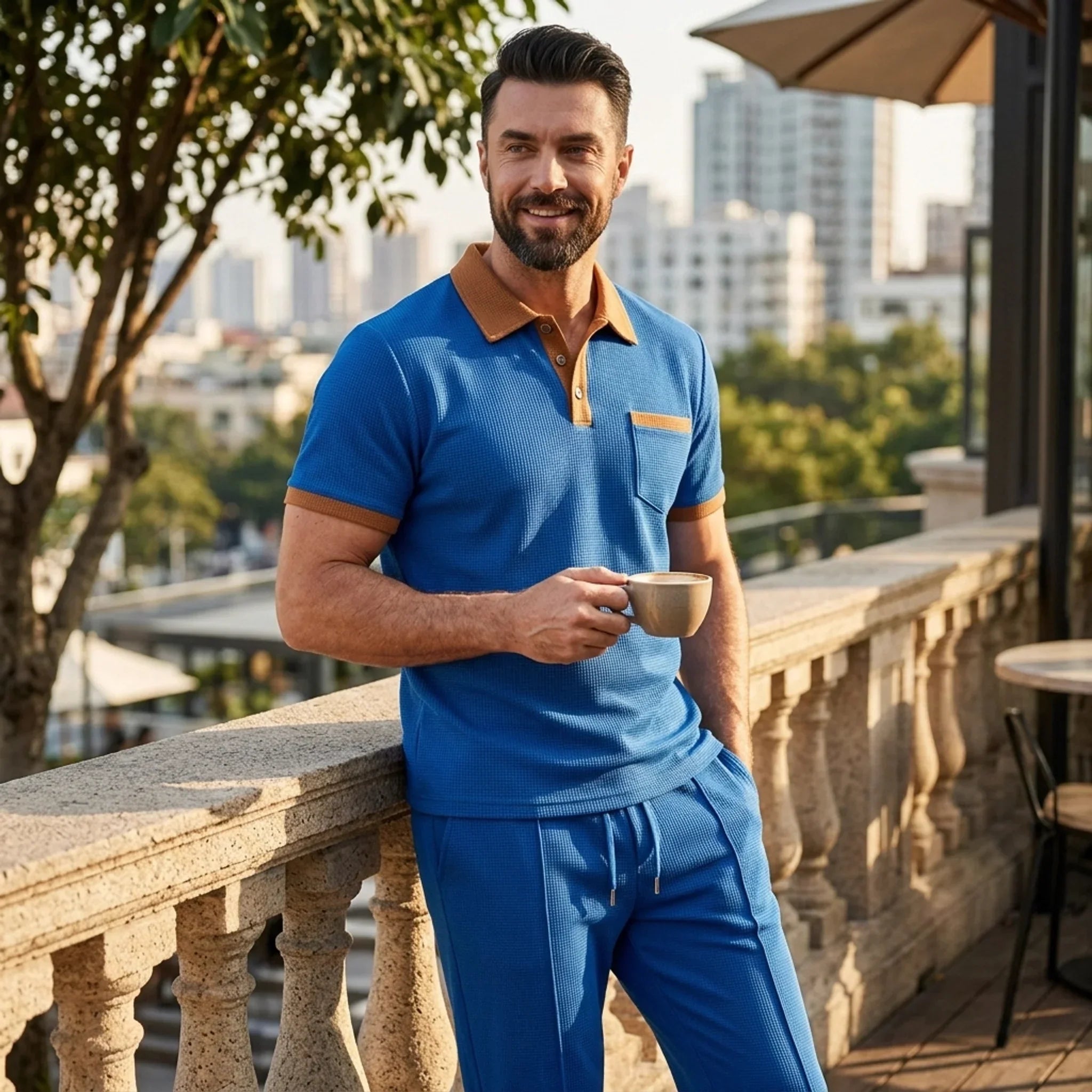 Waffelstrick-Set Poloshirt & Straight-Leg-Hose – Borten