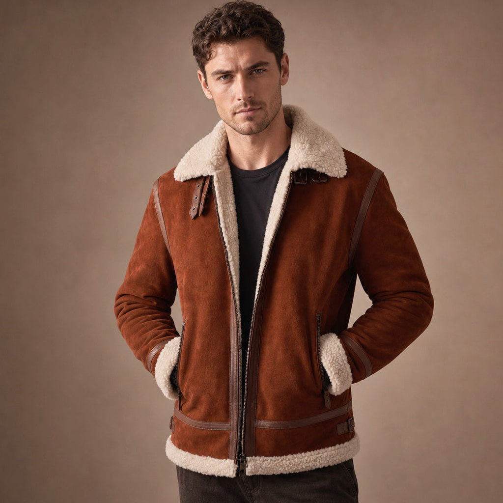 Braune Fliegerjacke aus Wildleder mit Lammfellkragen