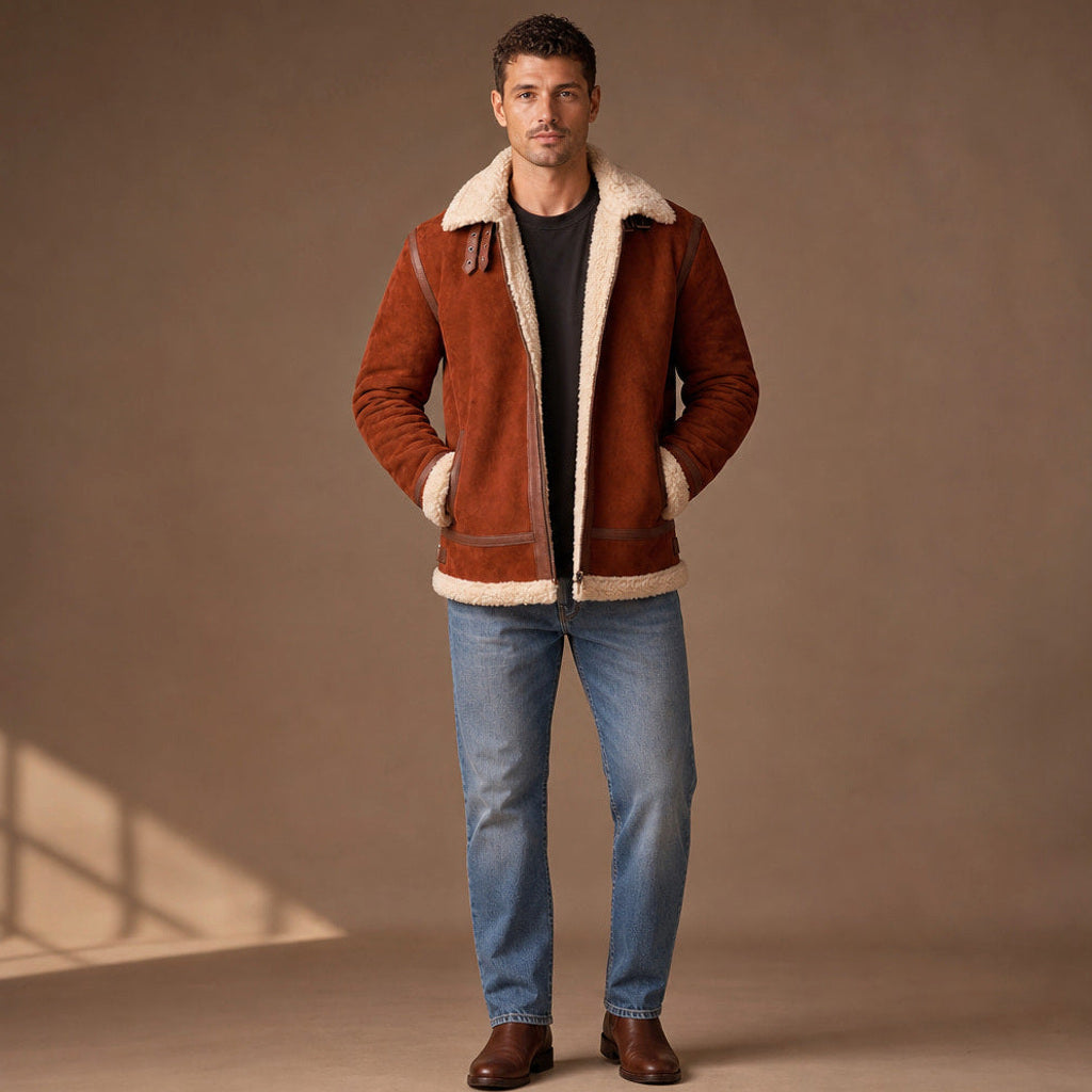 Mann trägt braune Wildlederjacke mit Lammfellfutter im Winter