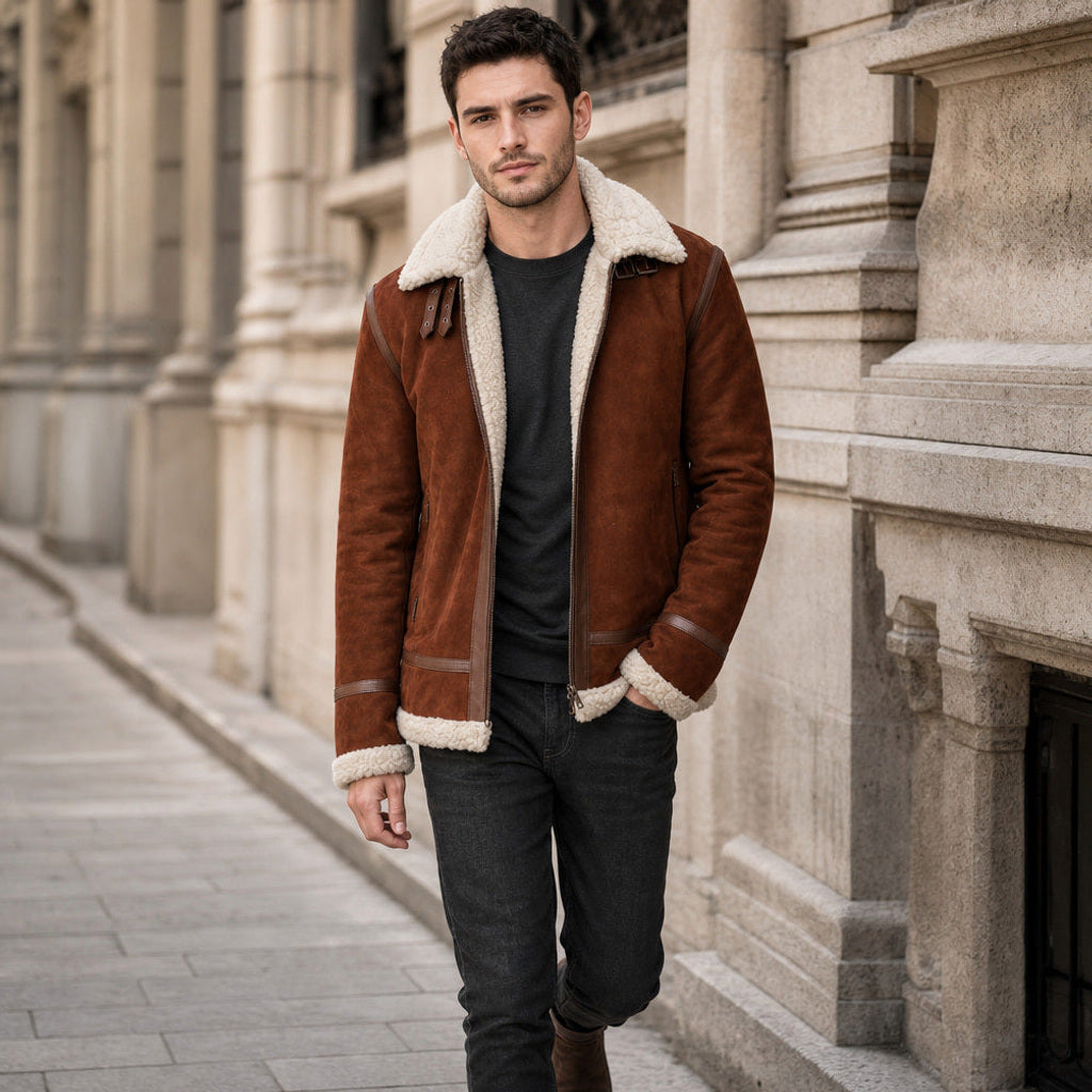 Eckhard | Fliegerjacke Wildleder Lammfellkragen