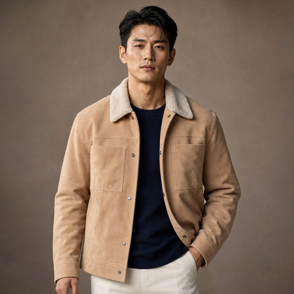 Beige Wildlederjacke mit Lammfellkragen und Knopfleiste