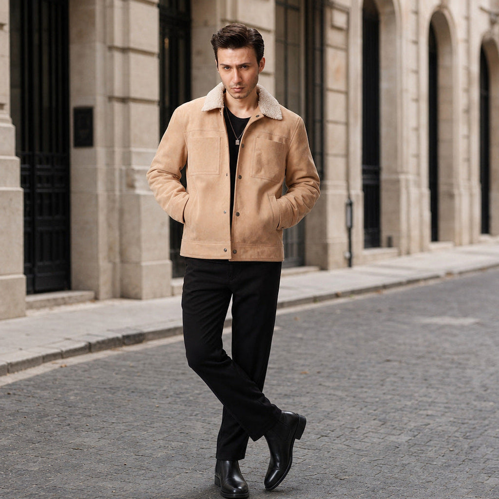 Egon | Wildlederjacke Lammfellkragen Beige