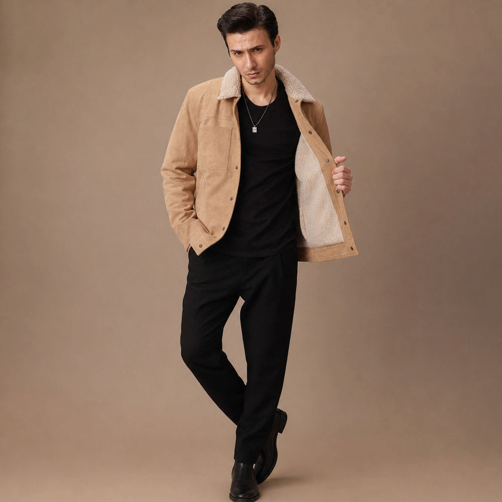 Egon | Wildlederjacke Lammfellkragen Beige