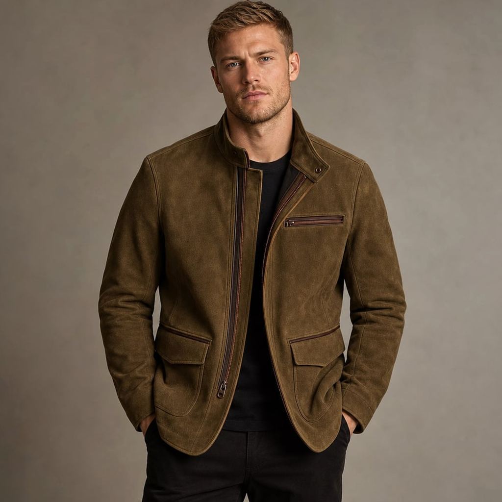 Mann trägt den Ardon Wildleder-Finish Zip-Up in Braun, Tailored Fit, lässig kombiniert mit dunkler Hose