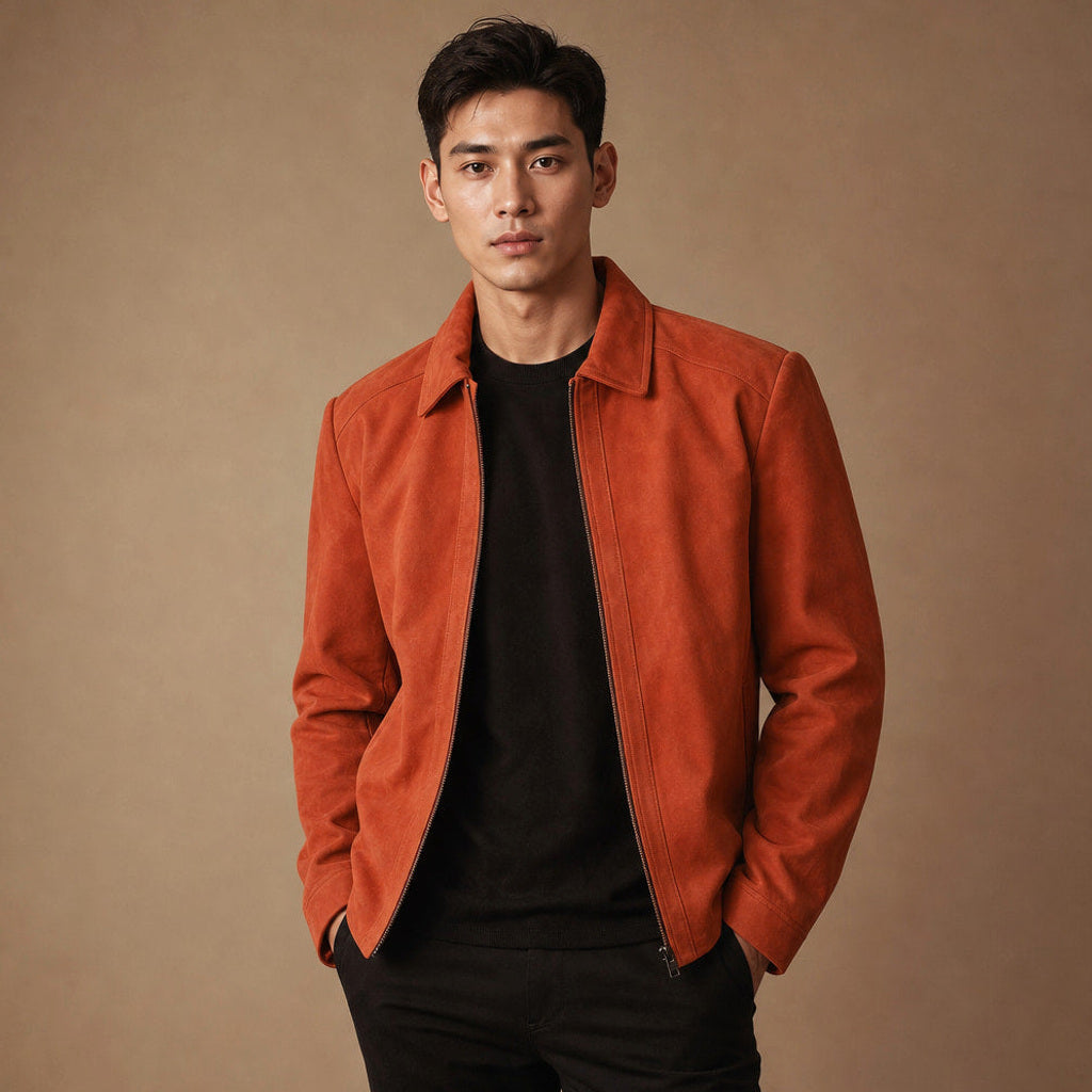 Truckerjacke aus Wildleder in Orange mit Frontreißverschluss