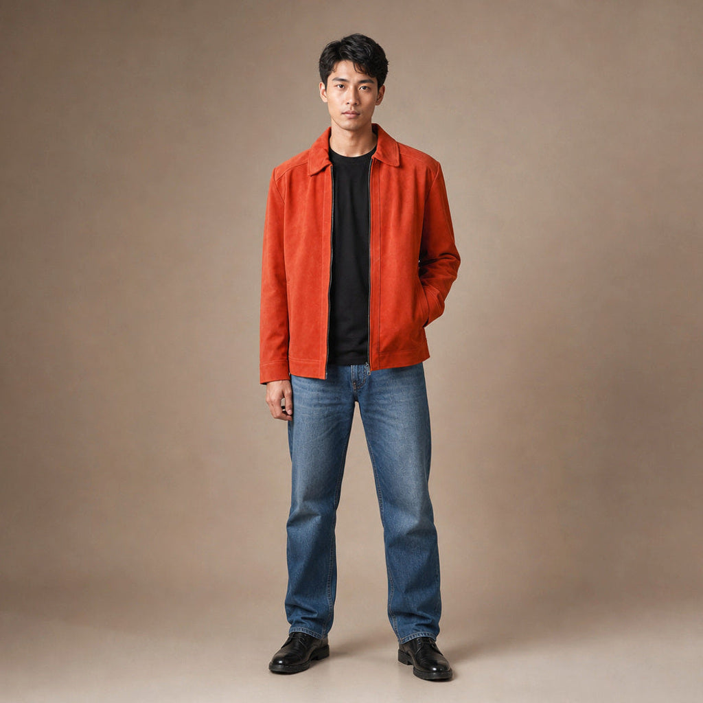 Mann trägt orange Wildleder-Truckerjacke mit Feinstrick darunter