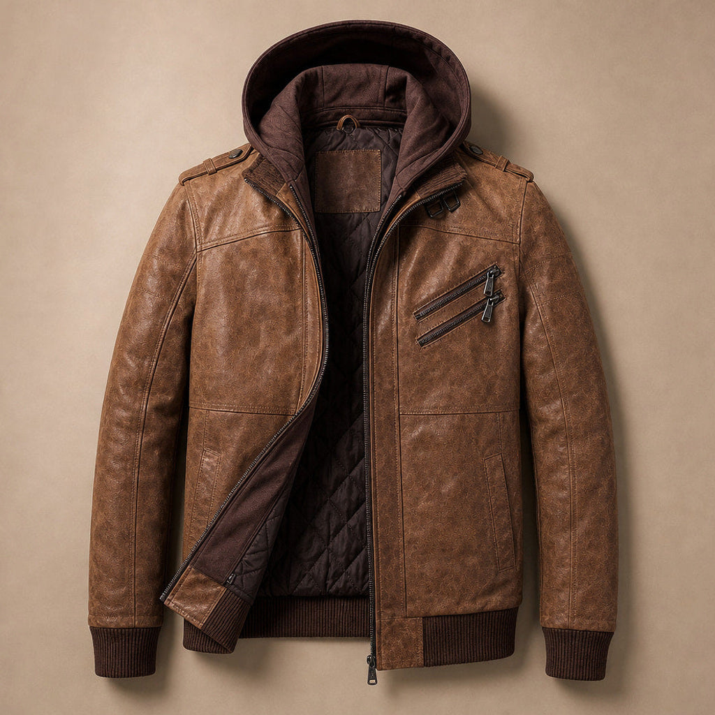 Achim | Lederjacke Kapuze Durchgehender Reißverschluss Braun – Flatlay-Produktfoto
