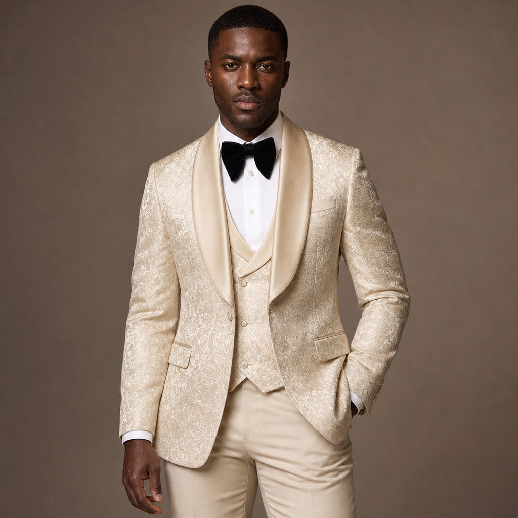 Marvin | Anzug Damast Schalkragen Champagnerbeige / Gold – Gesamtlook