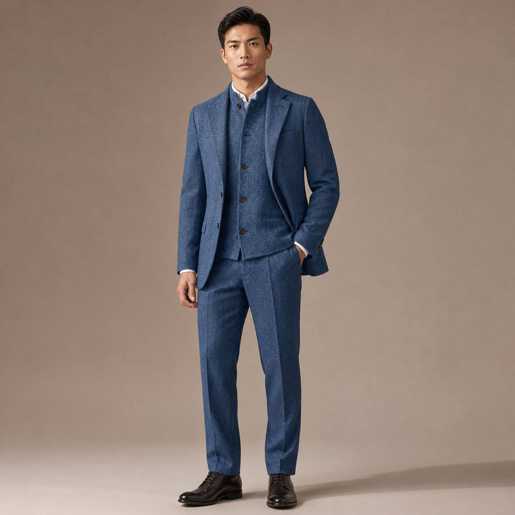Alwin | Weste Fischgrat Stehkragen in Blau – Premium Editorial