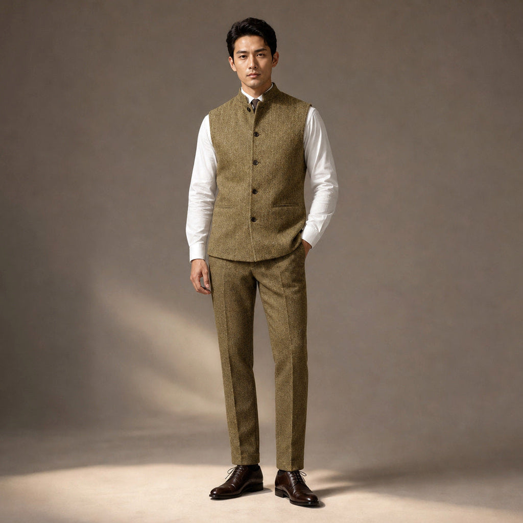 Alwin | Weste Fischgrat Stehkragen in Khaki – Premium Editorial