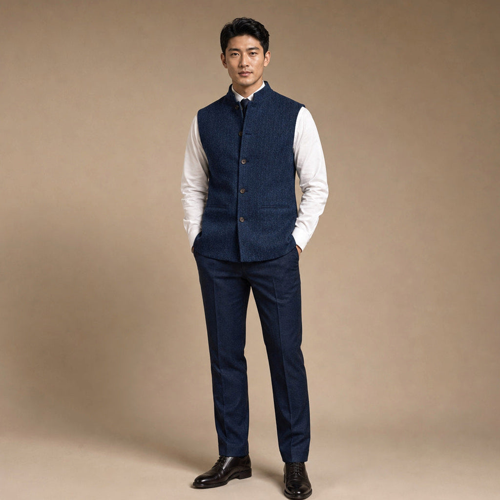 Alwin | Weste Fischgrat Stehkragen in Navy – Premium Editorial