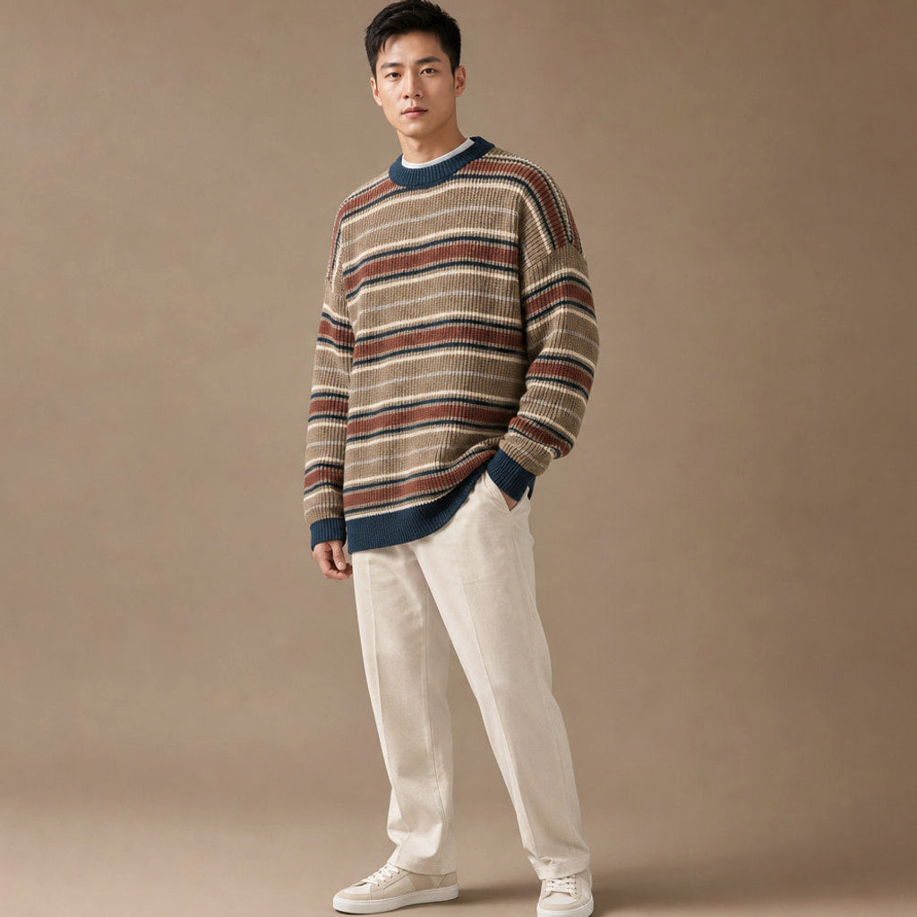 Arnd | Grobstrickpullover Rippstrick Rundhals Khaki – Seitenansicht