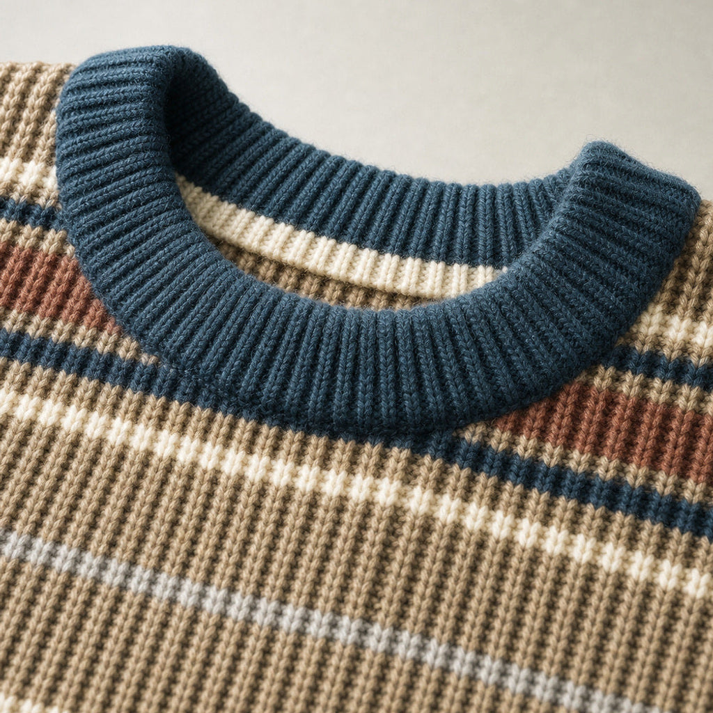 Arnd | Grobstrickpullover Rippstrick Rundhals Khaki – Stoff- und Detailaufnahme