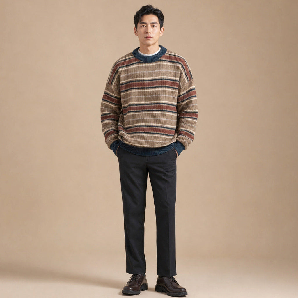 Arnd | Grobstrickpullover Rippstrick Rundhals Khaki – Gesamtlook