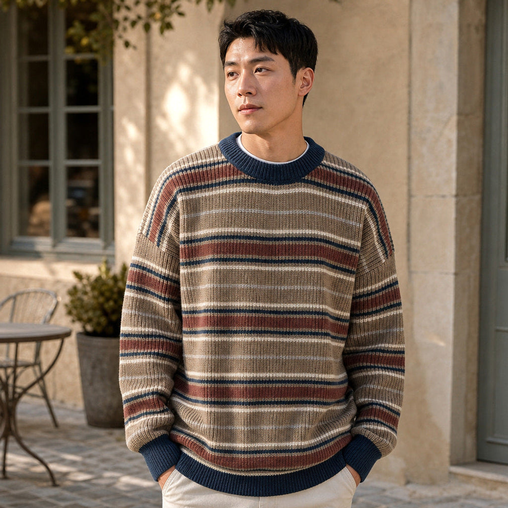 Arnd | Grobstrickpullover Rippstrick Rundhals Khaki – Gestyltes Editorial-Foto