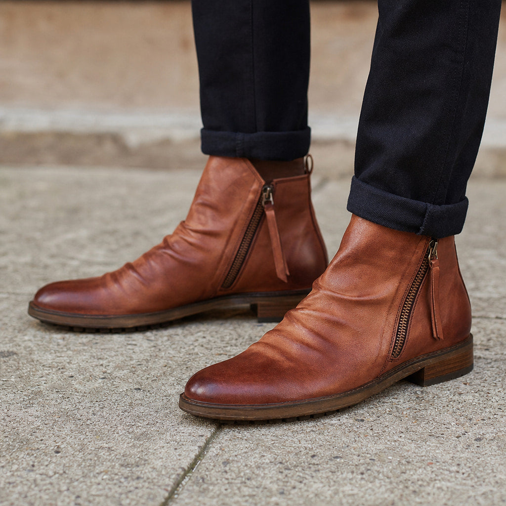 Chukka Boots PU Leather Side Zipper in Brown – Enzaco Premium Menswear