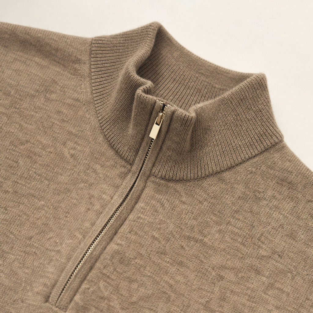 Axel | Troyer Wollmischung Stehkragen Camel – Stoff- und Detailaufnahme