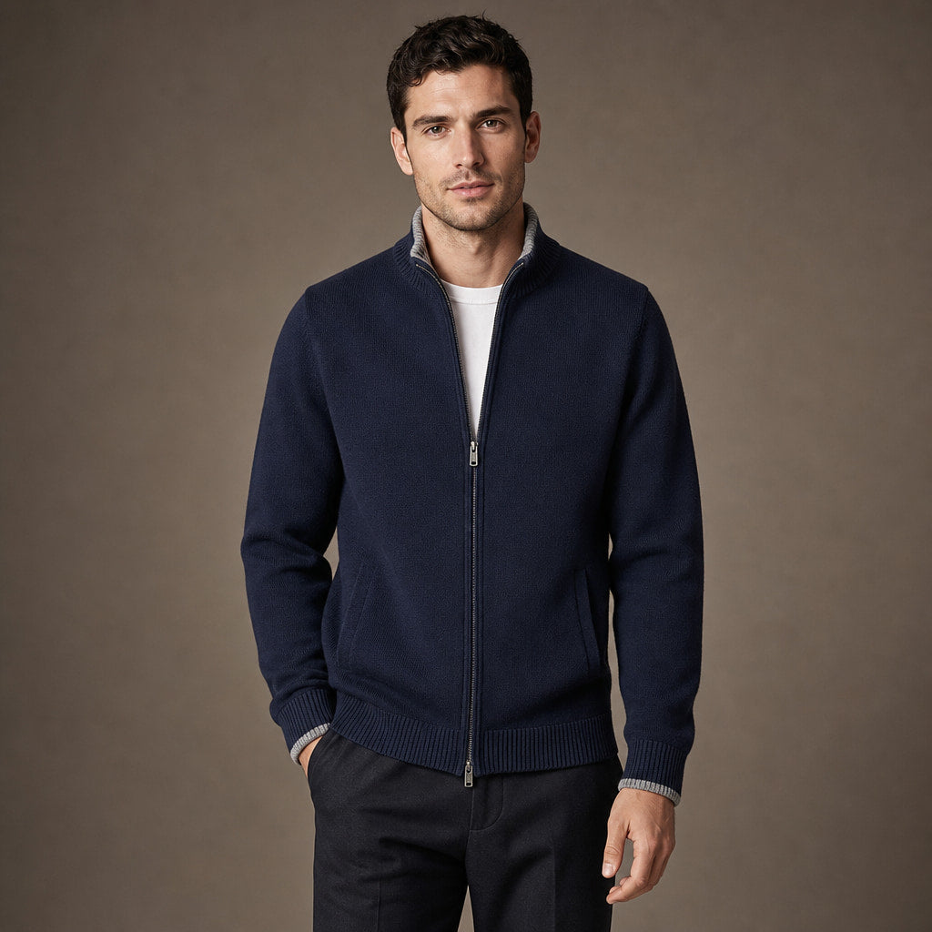 Merino Zip Jacket Ribbed Collar Relaxed Fit Blue – Product Photo