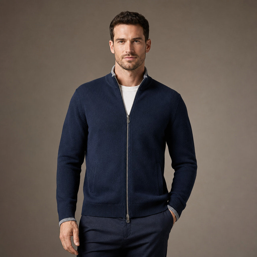 Merino Zip Jacket Ribbed Collar Relaxed Fit in Blue – Enzaco Premium Menswear