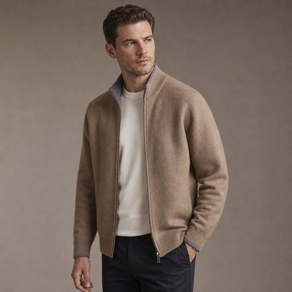 Merino Zip Jacket Ribbed Collar Relaxed Fit Camel – Side Angle View