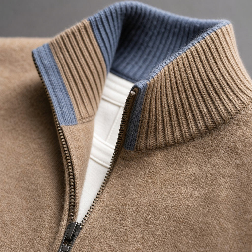 Merino Zip Jacket Ribbed Collar Relaxed Fit Camel – Fabric and Detail Close-Up