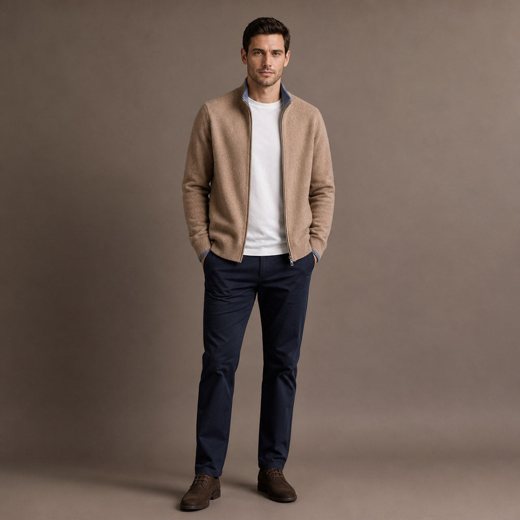 Merino Zip Jacket Ribbed Collar Relaxed Fit Camel – Full Look