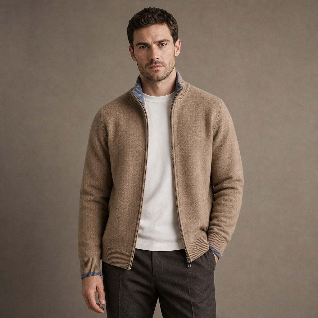 Merino Zip Jacket Ribbed Collar Relaxed Fit Camel – Product Photo